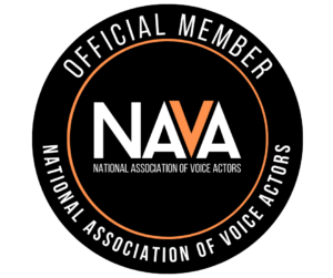 Black circle logo with text Official Member NAVA National Association of Voice Actors
